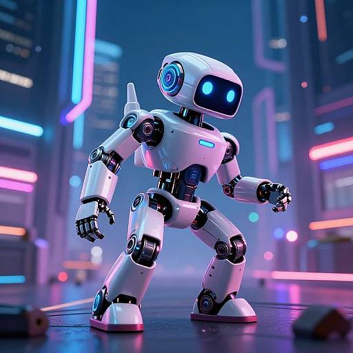 CGI image of a white, glowing blue-eyed humanoid robot with black joints, standing in a neon-lit, futuristic city street.