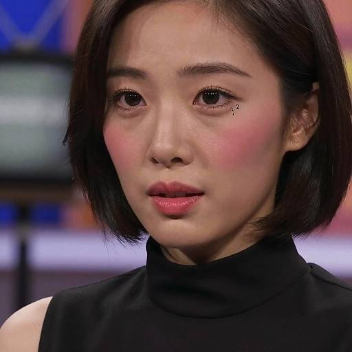 Close-up photograph of an Asian woman with short black hair, pink cheeks, and pink lips, wearing a black turtleneck, looking slightly to the
