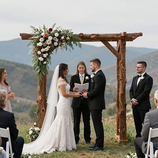 Photograph of an outdoor wedding ceremony with bride in white lace gown, groom in black suit, officiant, and witness under wooden arch. Mountain backdrop