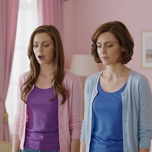 Two Women in a Room with Pink Curtains