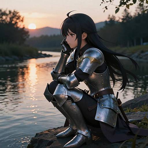 Digital anime-style painting of a black-haired female knight in silver armor, squatting by a serene river at sunset, lost in thought.