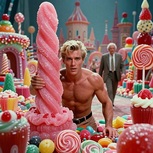 Muscular, shirtless blonde man gripping giant pink lollipop, surrounded by colorful candy and cupcakes in whimsical, fairy-tale-like setting. Older
