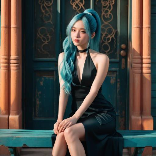 Woman with Blue Hair in Black Dress Sitting on Bench