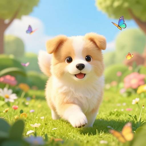 Adorable Puppy Playing in Vibrant Garden