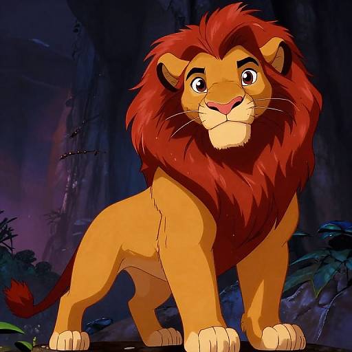 Digital illustration of a young, yellow-furred lion with a red mane standing in a dark, jungle-like forest, looking directly at the viewer with a