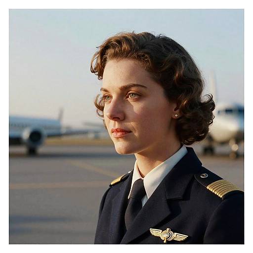Photograph of a young, curly-haired female pilot in a navy uniform with gold epaulettes, standing on an airport tarmac, with blurred