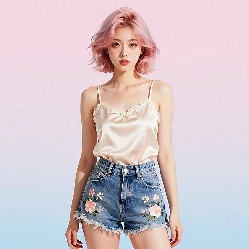 Photograph of an Asian woman with pink shoulder-length hair, wearing a white lace-trimmed camisole and blue floral denim shorts, standing against