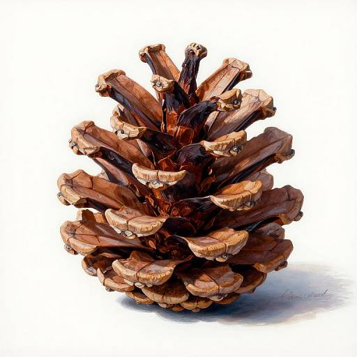 Photorealistic digital painting of a detailed, rich brown pine cone with textured scales, standing against a white background. Signature visible.
