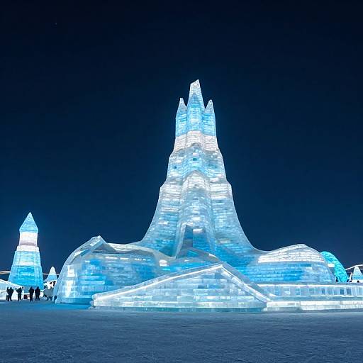 Photograph of a luminous, towering ice sculpture with pointed peaks, glowing blue and white, set against a dark night sky.