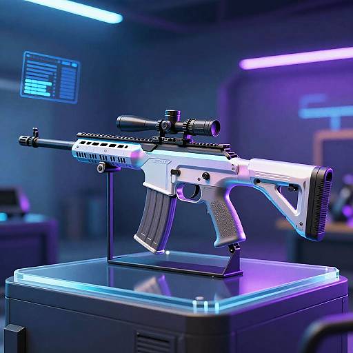 Photograph of a white, futuristic assault rifle with a scope, mounted on a glowing blue-lit pedestal in a neon-lit room.