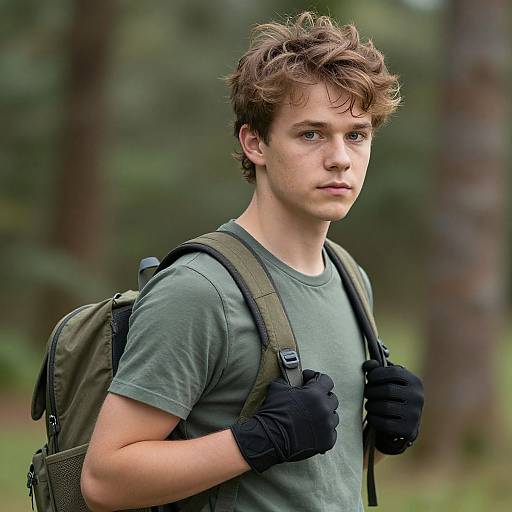 Photograph of a young man with tousled brown hair, wearing a green t-shirt, black gloves, and a backpack, standing in a forest.