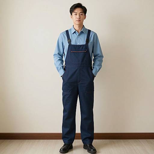Photograph of an Asian man with short black hair, wearing a light blue shirt and dark blue overalls, standing against a plain white wall with hands