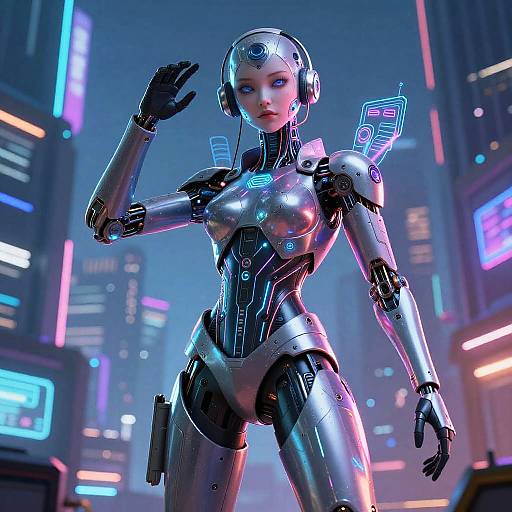 CGI cyberpunk image of a sleek, metallic female android with glowing neon accents, standing confidently in a futuristic cityscape.