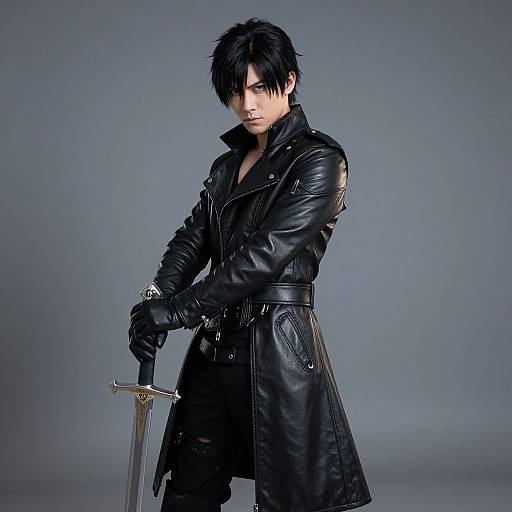 Photograph of a serious-looking Asian man with black hair, wearing a black leather trench coat and gloves, holding a sword against a gray background.