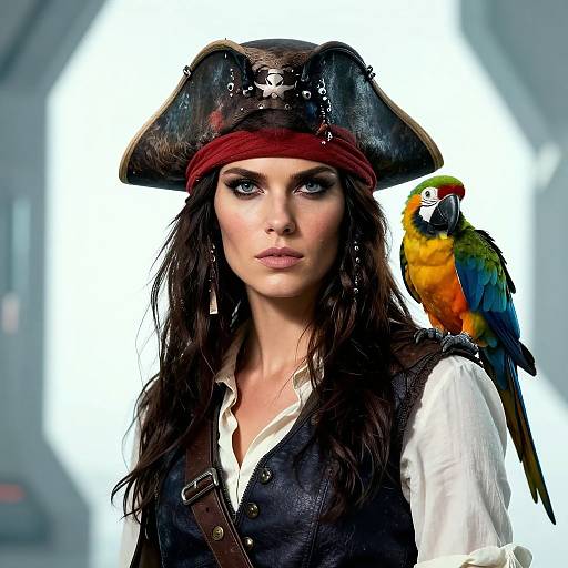 Photorealistic digital artwork of a stern-faced woman in a pirate hat, white shirt, and black vest, with a colorful parrot perched on