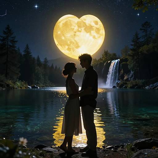 Silhouetted couple standing in serene lake at night, illuminated by giant full moon, with waterfall in background, starry sky above.
