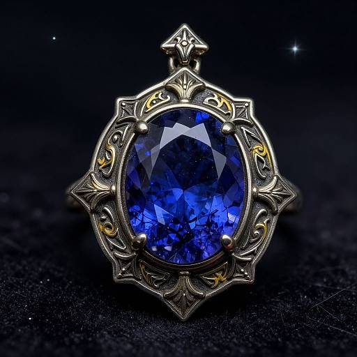 Photograph of an ornate silver pendant with a large, faceted, vibrant blue gemstone, set against a dark, star-speckled background