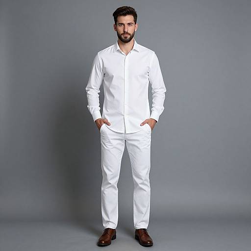 Photograph of a bearded man with dark hair, wearing a white long-sleeve shirt and pants, brown shoes, standing against a gray backdrop