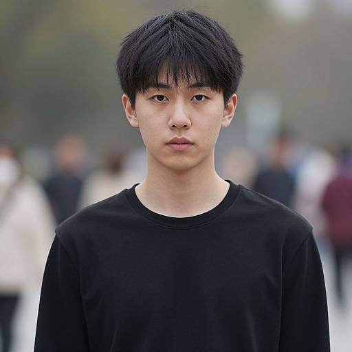 Photograph of an East Asian young man with straight black hair, wearing a black sweatshirt, standing in a blurred outdoor crowd.