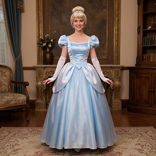 Photograph of a smiling blonde woman in a light blue, puffed-sleeve, satin ballgown with white gloves, standing in an orn