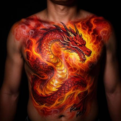 Photograph of a muscular man with a vibrant, fiery red dragon tattoo, featuring scales and flames, covering his chest and torso. Dark background highlights the