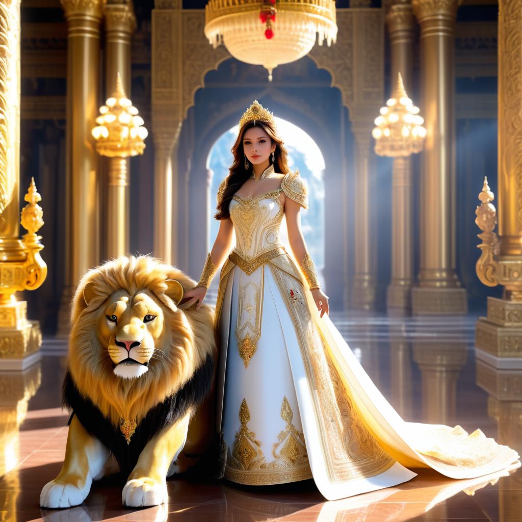 Elegant Princess with Lion in Palace