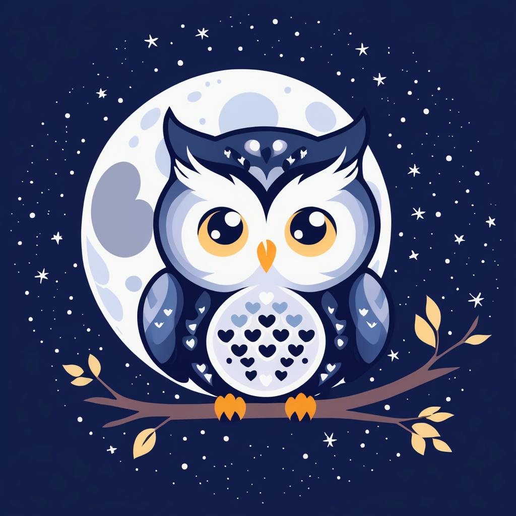 Chibi Owl Under Full Moon Illustration