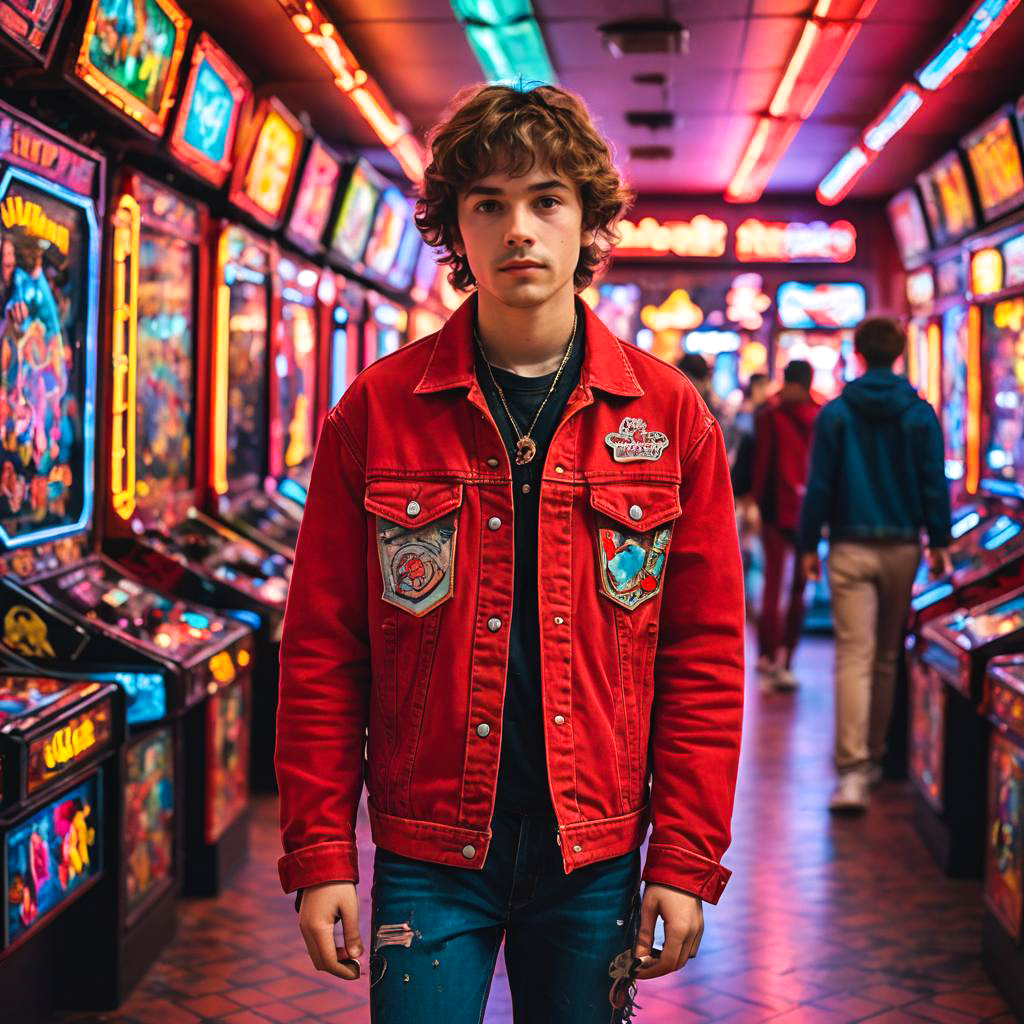 Teenage Boy in Neon Arcade Adventure