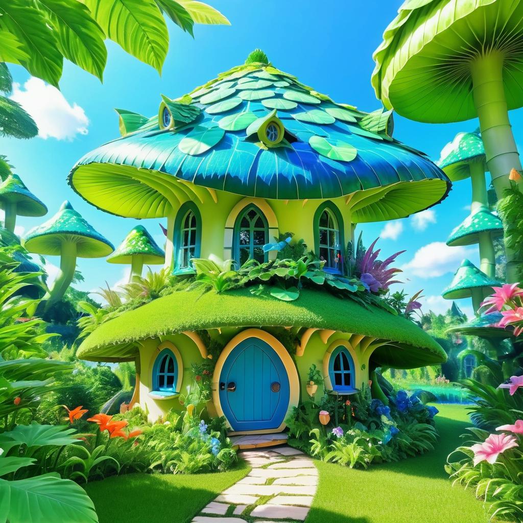 Whimsical Anime Dragon in Mushroom House