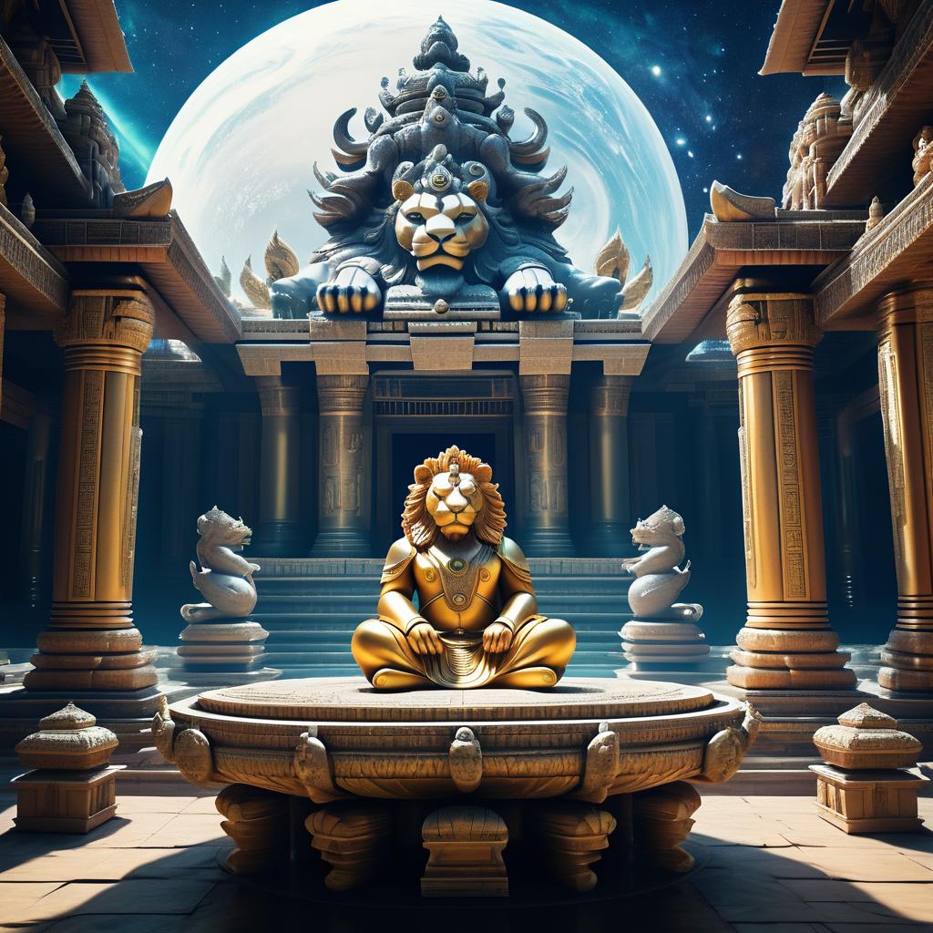 Lion Humanoid Meditating in Cosmic Temple