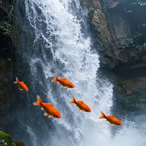 Photograph of six vibrant orange koi fish swimming upstream in a powerful, white-water waterfall, surrounded by dark, rocky cliffs.