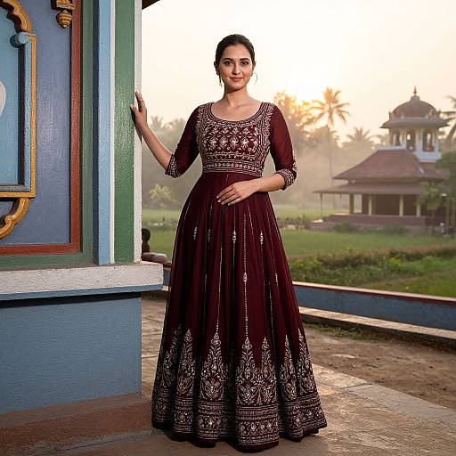 Photograph of a smiling Indian woman in a maroon, intricately embroidered traditional lehenga, standing on a blue balcony at sunset.