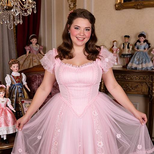 Photograph of a smiling, fair-skinned woman with dark brown hair in a pink, lace-trimmed ball gown, standing in an ornate