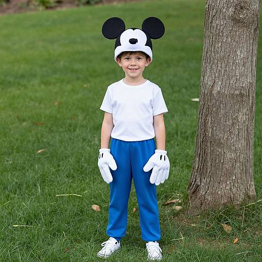 Photograph of a young boy in a white Mickey Mouse hat, white t-shirt, blue pants, white gloves, and white shoes, standing on green