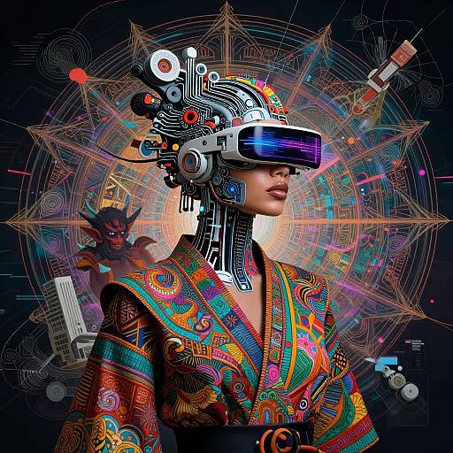 Digital art of a futuristic woman in vibrant, patterned kimono, wearing a high-tech visor, surrounded by neon geometric patterns and cybernetic