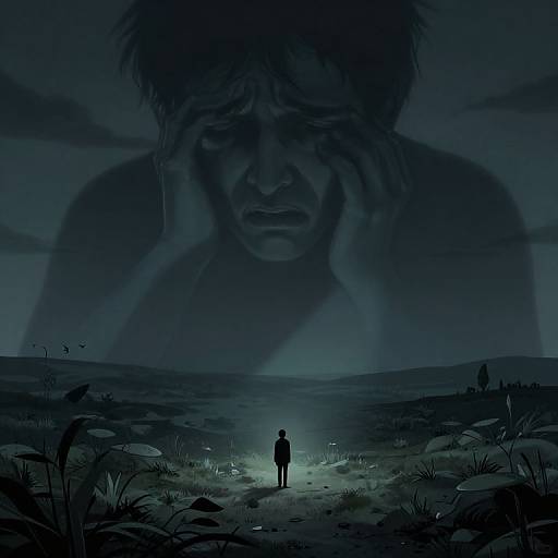 Digital artwork of a solitary figure standing in a dark, moonlit field, with a massive, shadowy, distressed face looming overhead.