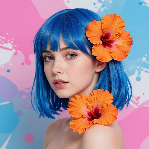 Vibrant Blue-Haired Woman with Hibiscus