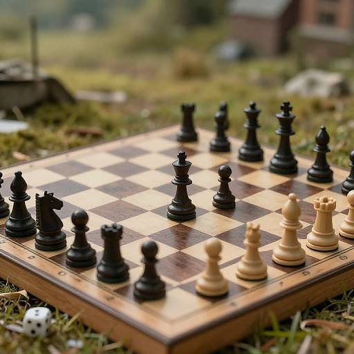 Photograph of a wooden outdoor chessboard with black and white pieces on grass, blurred background of trees and a building.