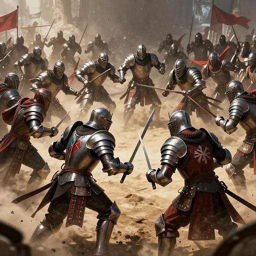 Intense medieval battle scene: armored knights with swords clashing, dust clouding the ground, red flags waving in the background. CGI artwork.