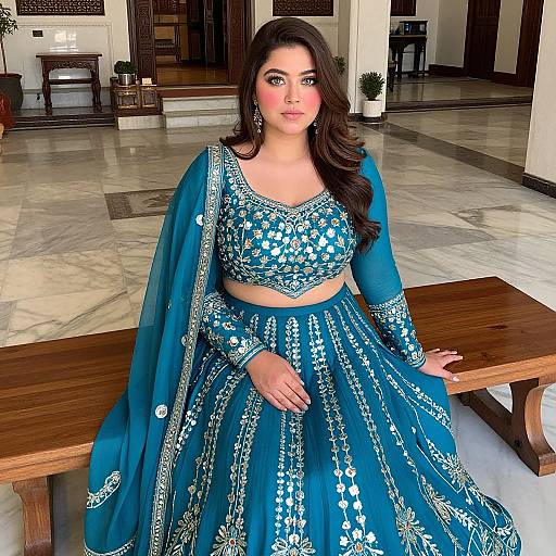 Photograph of a beautiful South Asian woman with long dark hair, wearing an ornate blue and white traditional lehenga and crop top, seated on a