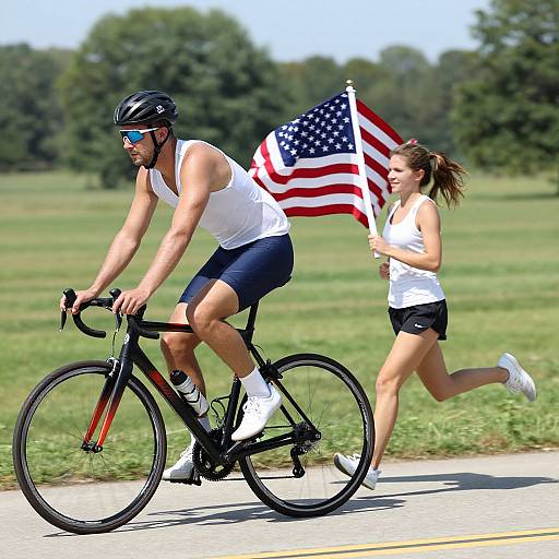 Photograph of a muscular man in a white tank top and black shorts cycling on a road, with a woman in a white tank top and black shorts