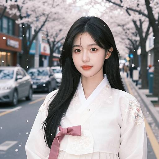 Photorealistic digital portrait of an East Asian woman with long black hair, wearing a white traditional Korean hanbok with a pink bow, standing on