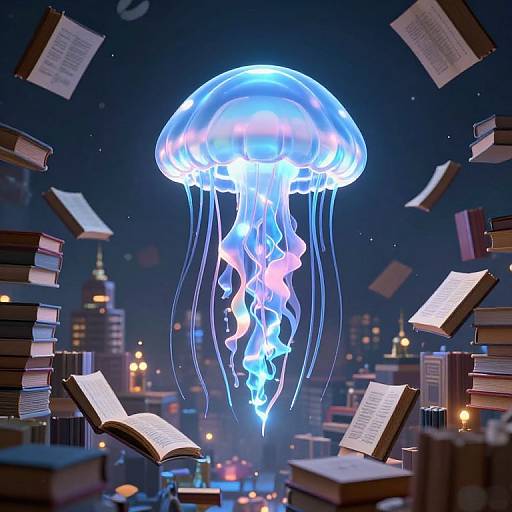Digital illustration of a glowing blue jellyfish with translucent tentacles floating among floating books and open pages in a night cityscape.