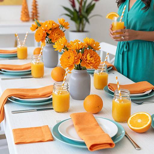 Bright table setting with orange flowers, orange juice in mason jars, orange napkins, and orange slices on a white table. Woman in teal dress