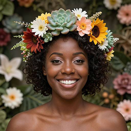 Photograph of a smiling Black woman with curly hair, wearing a colorful flower crown, against a blurred floral background.