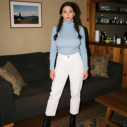 Photograph of a woman with dark braided hair, wearing a light blue turtleneck, white pants, and black boots, standing in a living