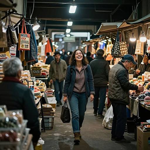 Photograph of a smiling woman with curly hair and dark jacket, walking through a bustling indoor market with colorful stalls, shoppers, and hanging lights.