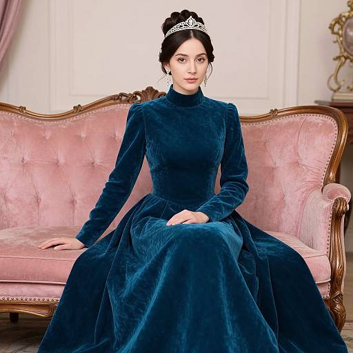 Photograph of a woman with fair skin and dark hair in an updo, wearing a dark blue velvet Victorian dress and silver tiara, seated on