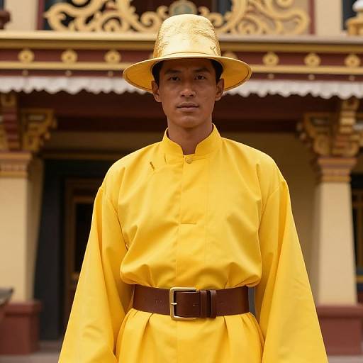 Person in Yellow Outfit by Ornate Building