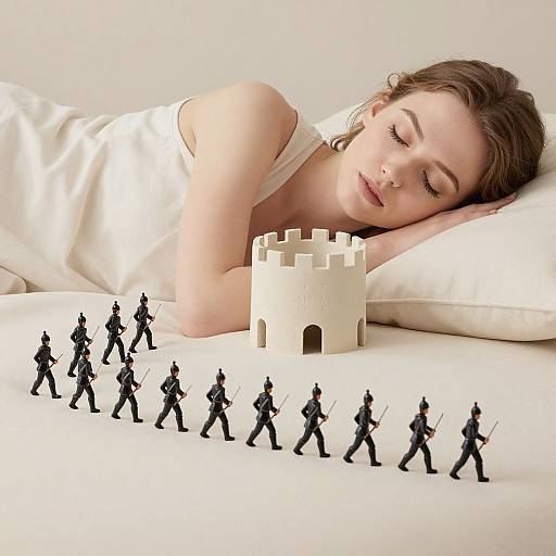 Photograph of a sleeping woman in a white tank top, head resting on a pillow, beside a small white castle with mini figurines of soldiers marching